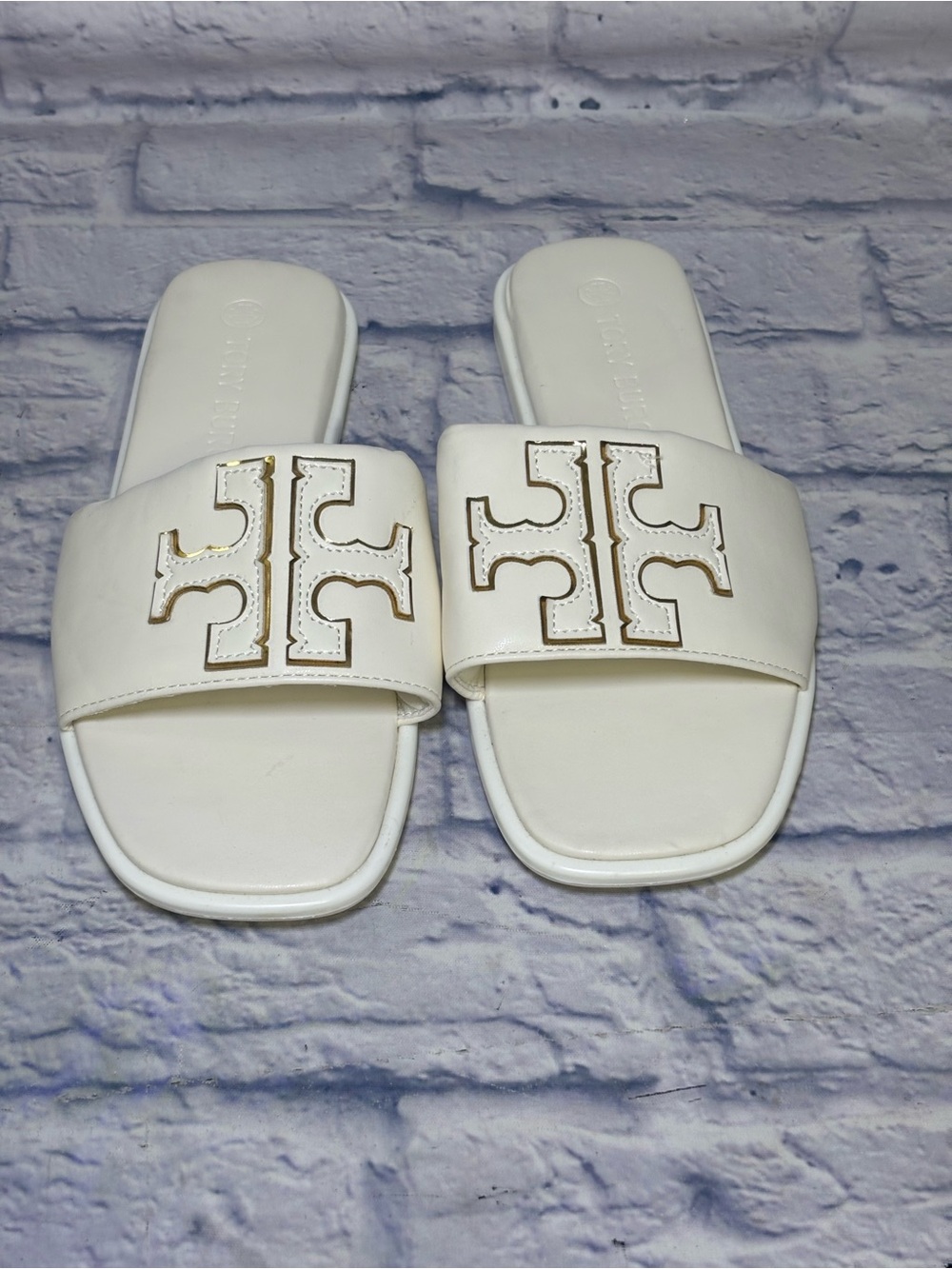TORY BURCH Double T Sport Leather Slide Sandal Perfect White Size 9.5 (40)